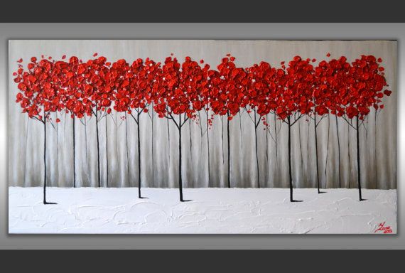 570x384 Round Canvas Art, Impasto Painting, Red Poppies Art, Green - Black And White Painting With Red Tree