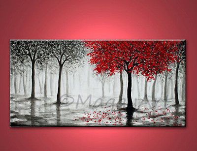 400x307 Original Abstract Painting, Red Tree , Black White Red,made - Black And White Painting With Red Tree