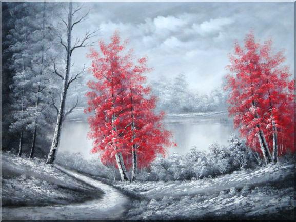 577x433 Abstract Painting Original Wall Art Landscape Tree Palette Knife - Black And White Painting With Red Tree