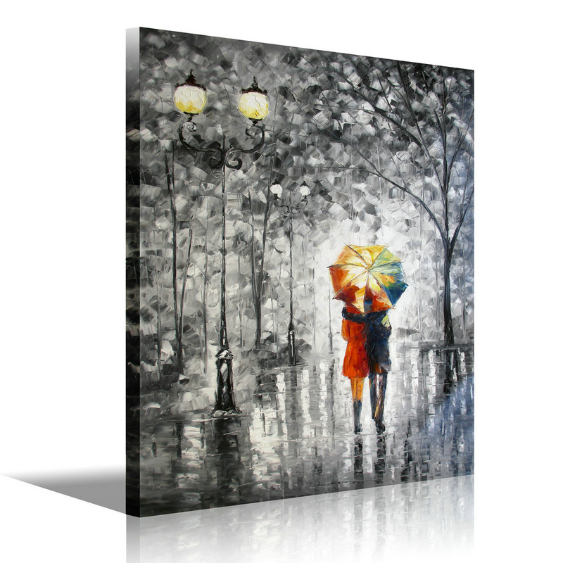 800x800 Canvas Art Lovers Under The One Umbrella Palette Knife Painting - Black And White Painting With Red Umbrella
