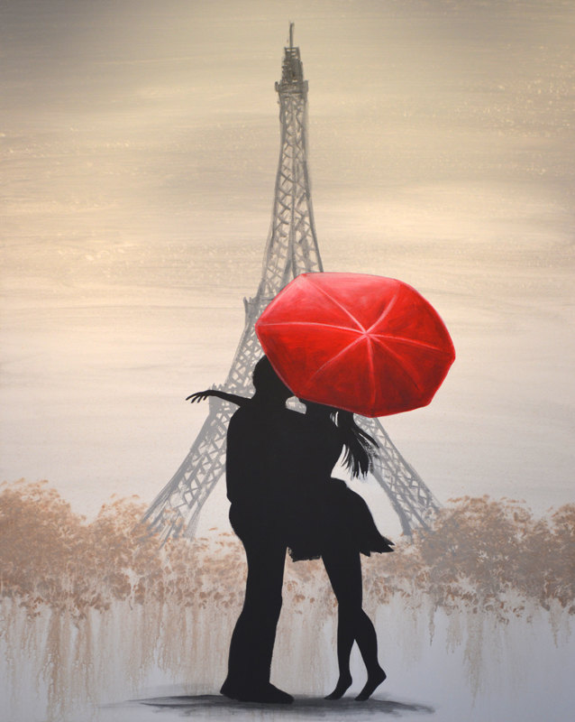 638x800 Eiffel Tower Red Umbrella Art Print 8 X 10 Glossy Giclee - Black And White Painting With Red Umbrella