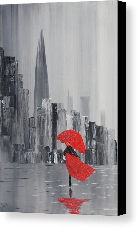 449x740 Lady In Red Dress And Red Umbrella Walking Alone Through A Storm - Black And White Painting With Red Umbrella