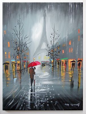 303x400 Under One Umbrella Original Oil Painting On Canvas Palette - Black And White Painting With Red Umbrella