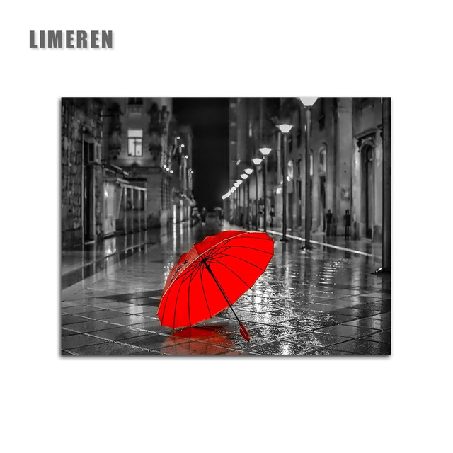 640x640 Unframed Street Red Umbrella Black And White Painting By Numbers - Black And White Painting With Red Umbrella