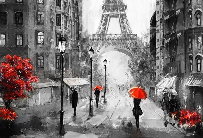 700x477 Oil Painting On Canvas, Street View Of Paris. Artwork. Eiffel - Black And White Painting With Red Umbrella