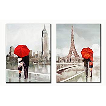 350x350 Modern Black White And Red Canvas Wall Art, Red - Black And White Painting With Red Umbrella