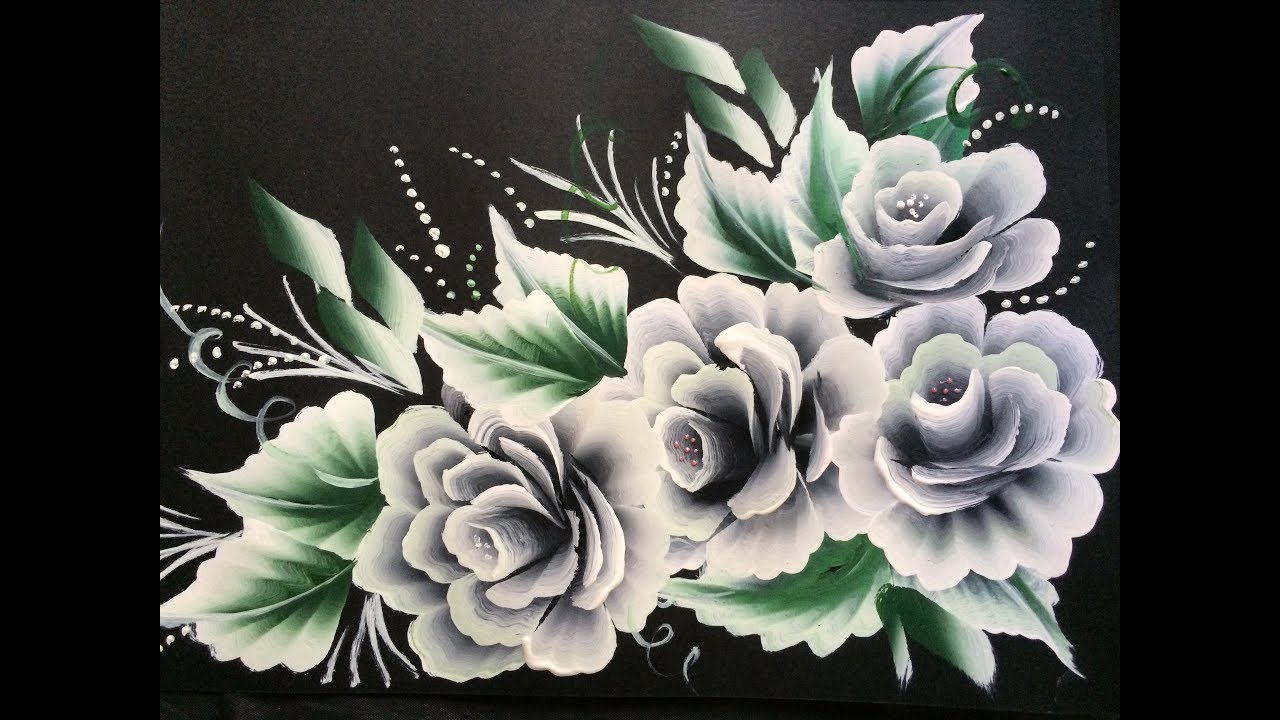 1280x720 One Stroke White Roses On Black Chart Paper - Black And White Rose Painting