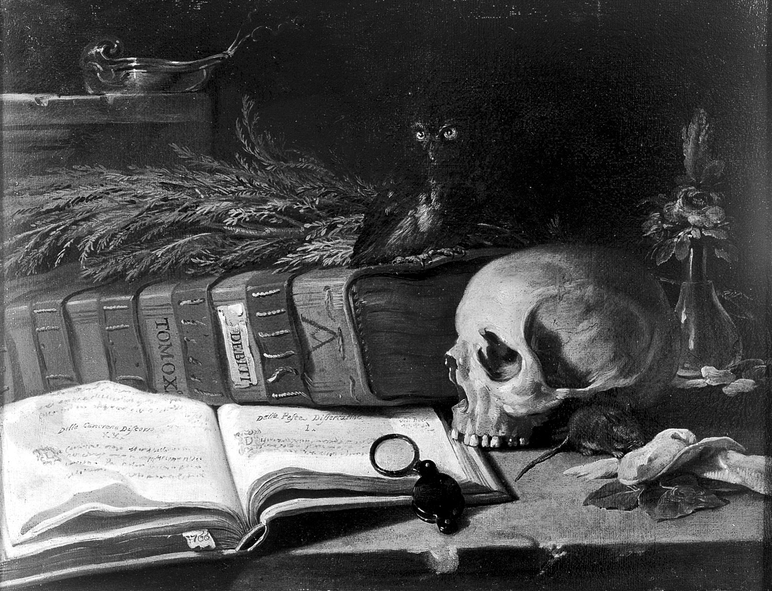 1542x1180 Filestill Life With A Skulld Medical Book. Oil Painting By - Black And White Skull Painting