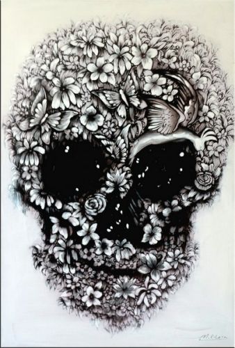 338x500 Flower Skull Black And White - Black And White Skull Painting