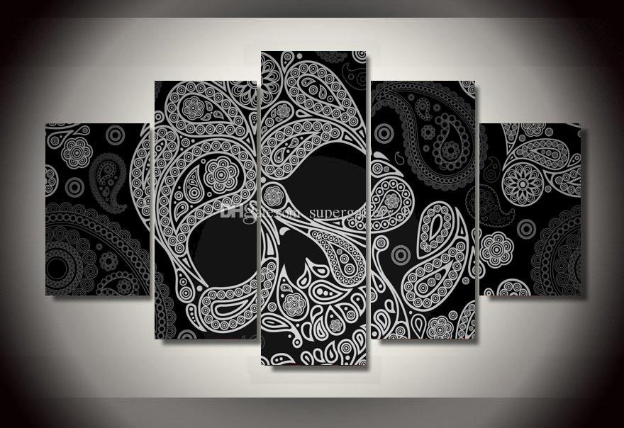 880x604 2018 Framed 5 Panel Abstract Black And White Skull Painting Hd - Black And White Skull Painting