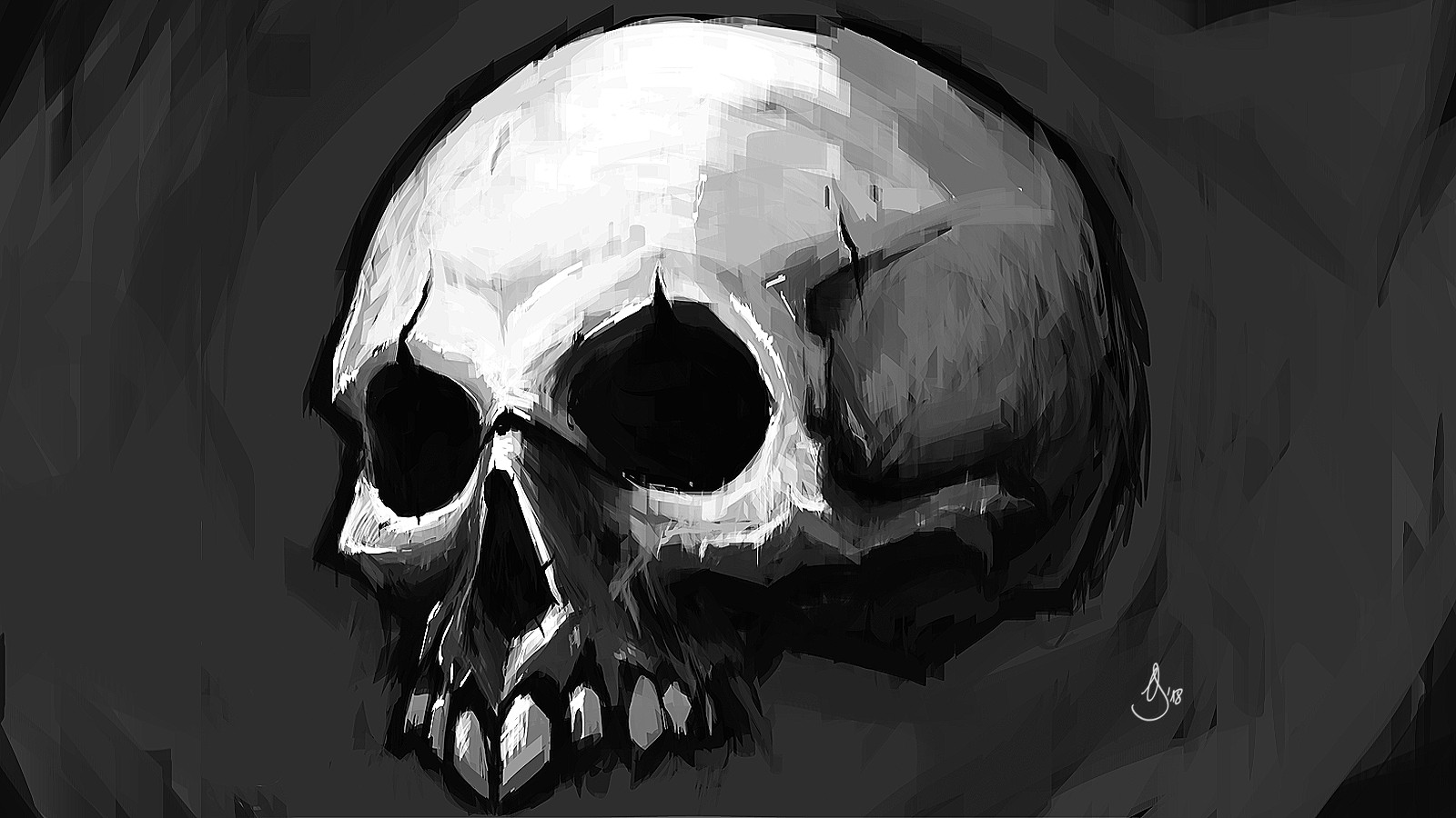 1600x900 Artstation - Black And White Skull Painting