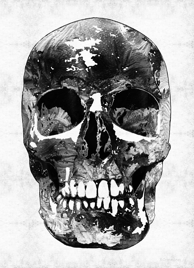 651x900 Black And White Skull By Sharon Cummings Painting By Sharon Cummings - Black And White Skull Painting