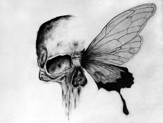 570x430 Black White Skull Butterfly Painting Print By Sinistervanity - Black And White Skull Painting