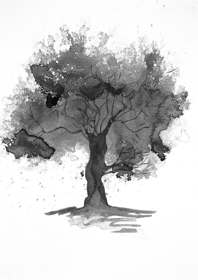 636x900 Black And White Tree Watercolour Painting By Steve And Jenni Thorp - Black And White Tree Painting