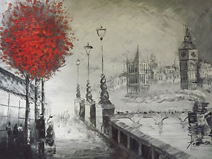 300x225 Old Black White London Red Tree Large Oil Painting Canvas Art - Black And White Tree Painting