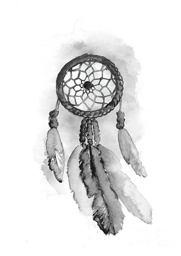 636x900 Dreamcatcher Watercolor Painting, Black White Dream Catcher - Black And White Watercolor Painting