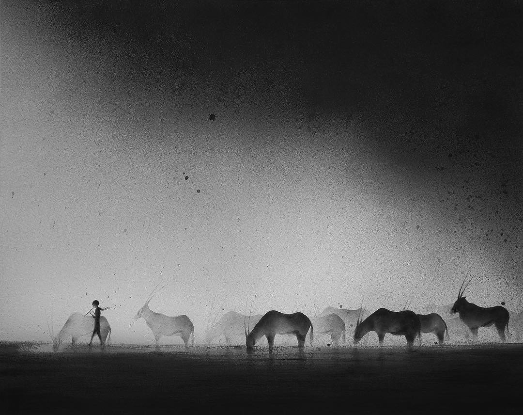 1080x856 Misty Black Amp White Watercolor Paintings Of Animals And Children - Black And White Watercolor Painting