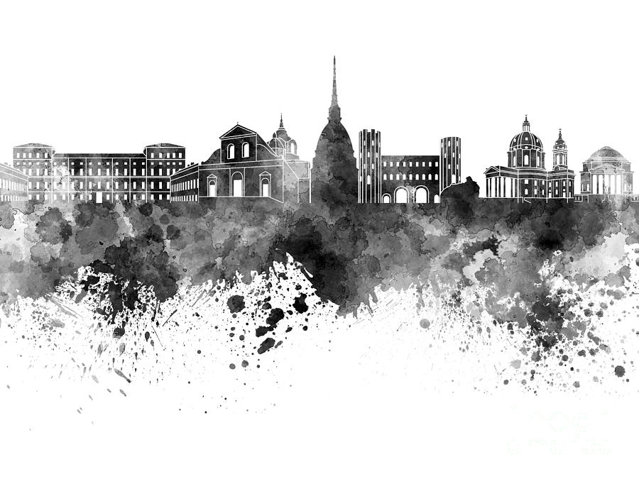 900x675 Turin Skyline In Black Watercolor On White Background Painting By - Black And White Watercolor Painting