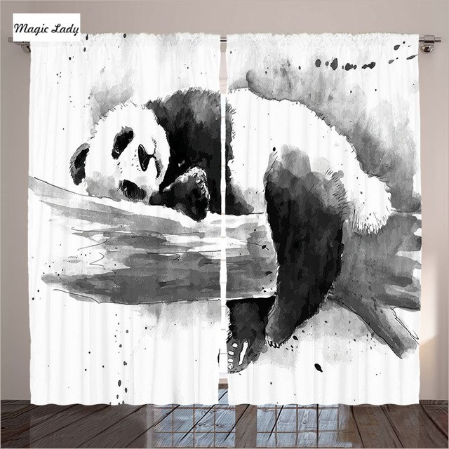 640x640 Curtains Bed Living Room Bedroom Panda Tree Branch Classic Asian - Black And White Watercolor Painting