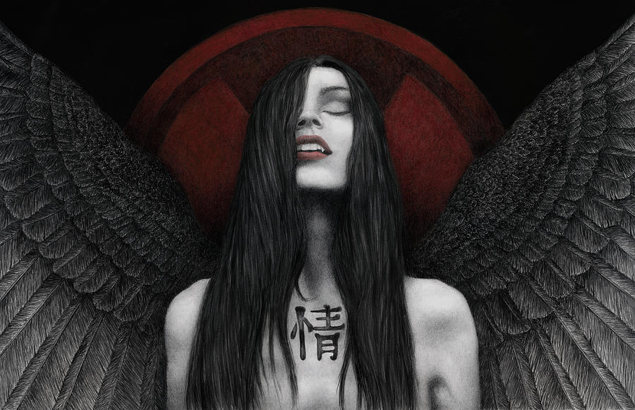 900x581 Dark Angel Painting By Pat Erickson - Black Angel Painting