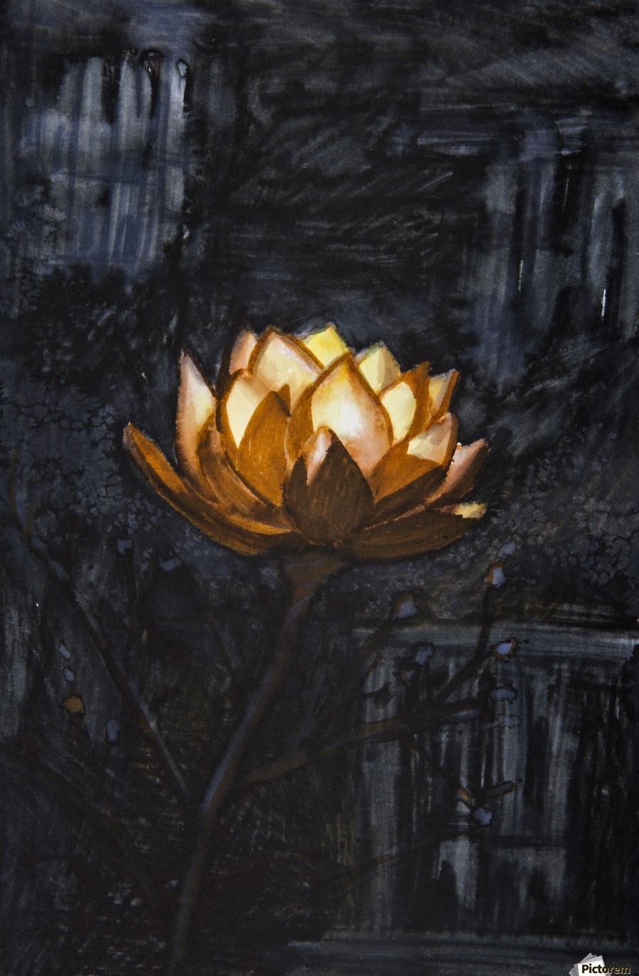 900x1375 Golden Flower On Black Background - Black Background Painting