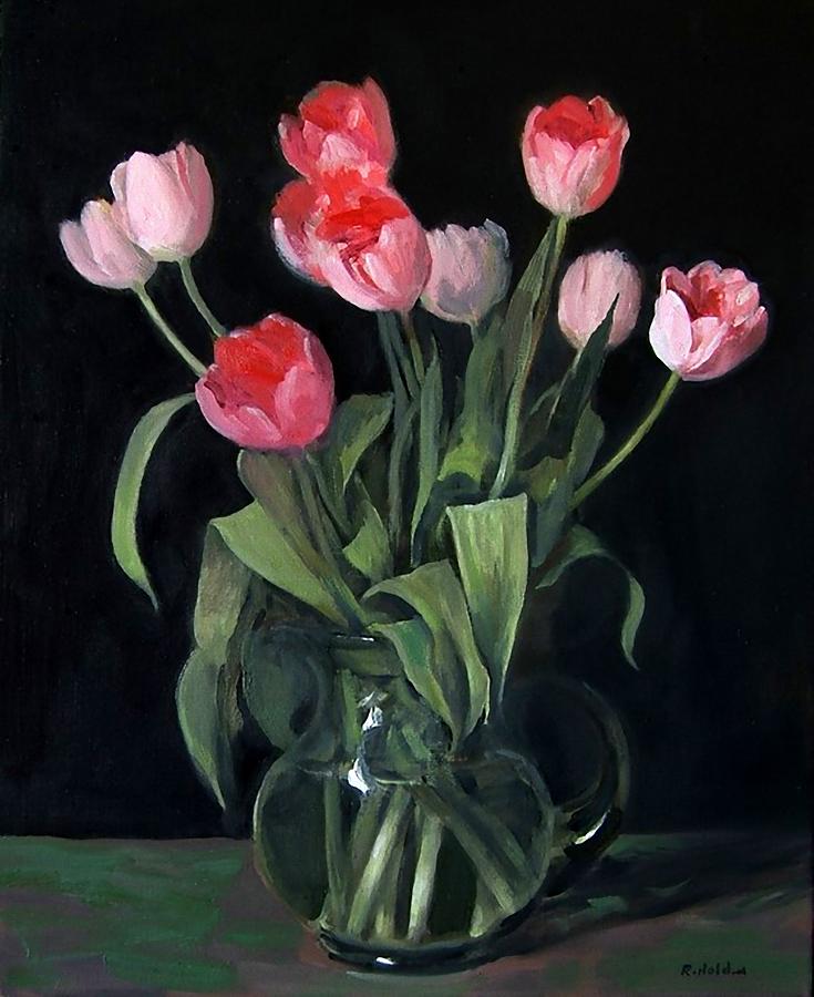 735x900 Pink Tulips In Glass Pitcher, Black Background Painting By Robert - Black Background Painting