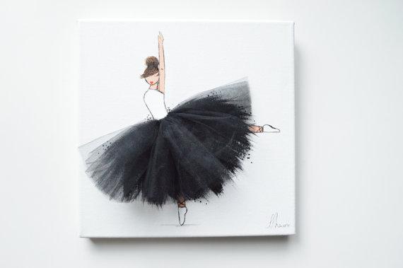 570x379 Nursery Ballerina Hand Painted Canvas Art - Black Ballerina Painting