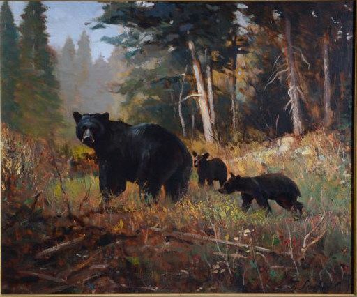 512x426 Original Oil Painting Showing Mother Black Bear And 2 Cubs, Signed - Black Bear Painting