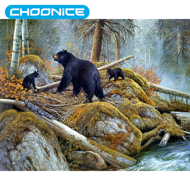640x640 Bear Hunting Forest Black Bears Diamond Painting Riverside Birch - Black Bear Painting