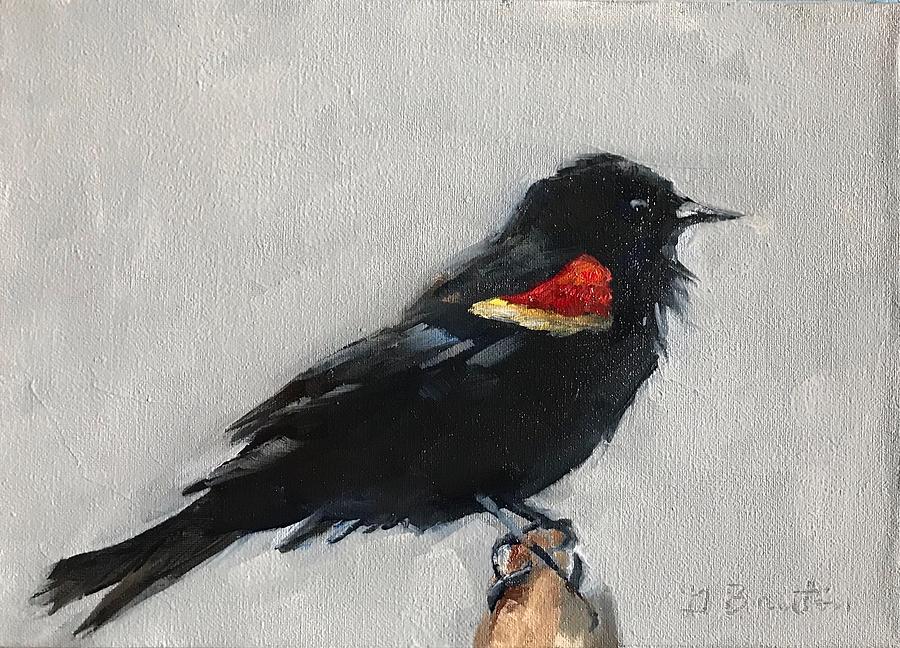 900x648 Red Winged Blackbird Painting By Gary Bruton - Black Bird Painting
