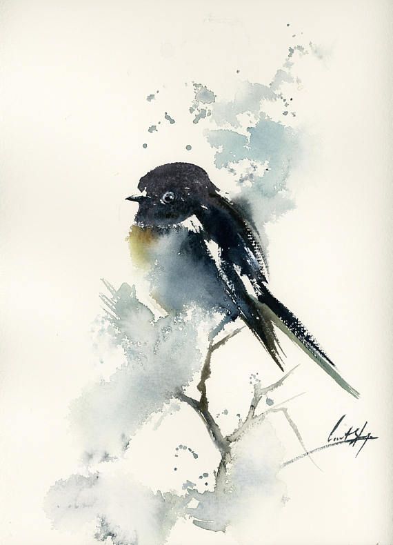 570x790 Bird Original Watercolor Painting, Black Bird And Abstract - Black Bird Painting