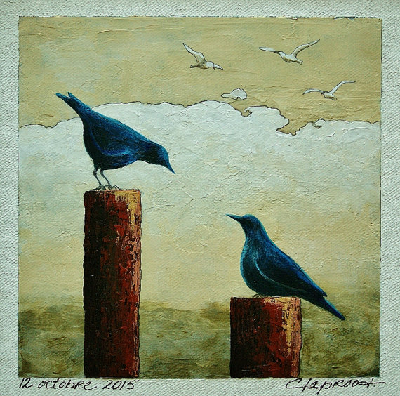 570x564 Black Bird Painting Bird Wall Art Blackbirds Birds On Fence - Black Bird Painting