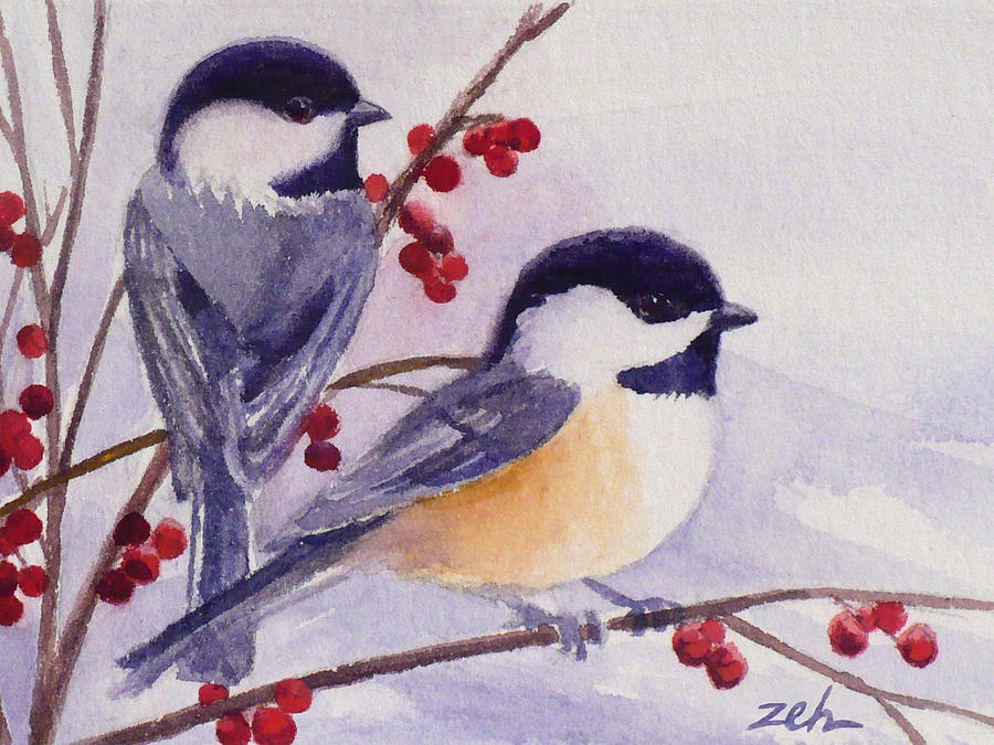 900x675 Black Capped Chickadees Painting By Janet Zeh - Black Capped Chickadee Painting