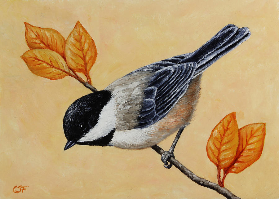 900x642 Chickadee And Autumn Leaves Painting By Crista Forest - Black Capped Chickadee Painting
