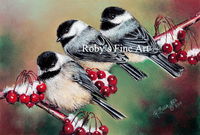 640x431 Pastel Chickadee Painting Berry Cute - Black Capped Chickadee Painting
