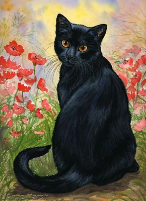 290x400 Black Cat Poppy Field 2 Print Painting Anne Marsh Art - Black Cat Painting