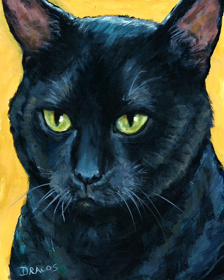 720x900 Thinking Black Cat Painting By Dottie Dracos - Black Cat Painting