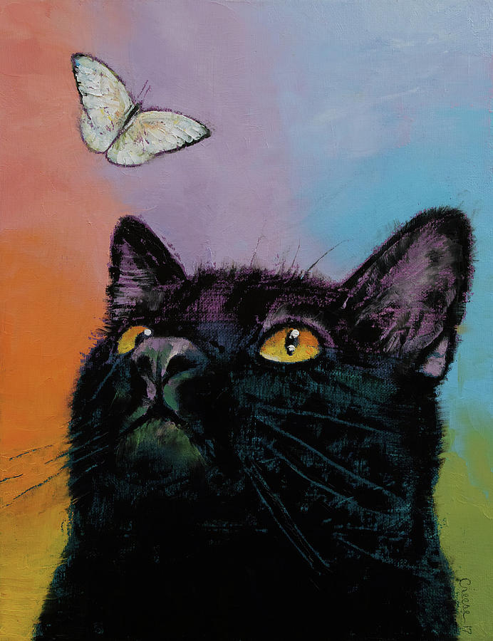 692x900 Black Cat Butterfly Painting By Michael Creese - Black Cat Painting