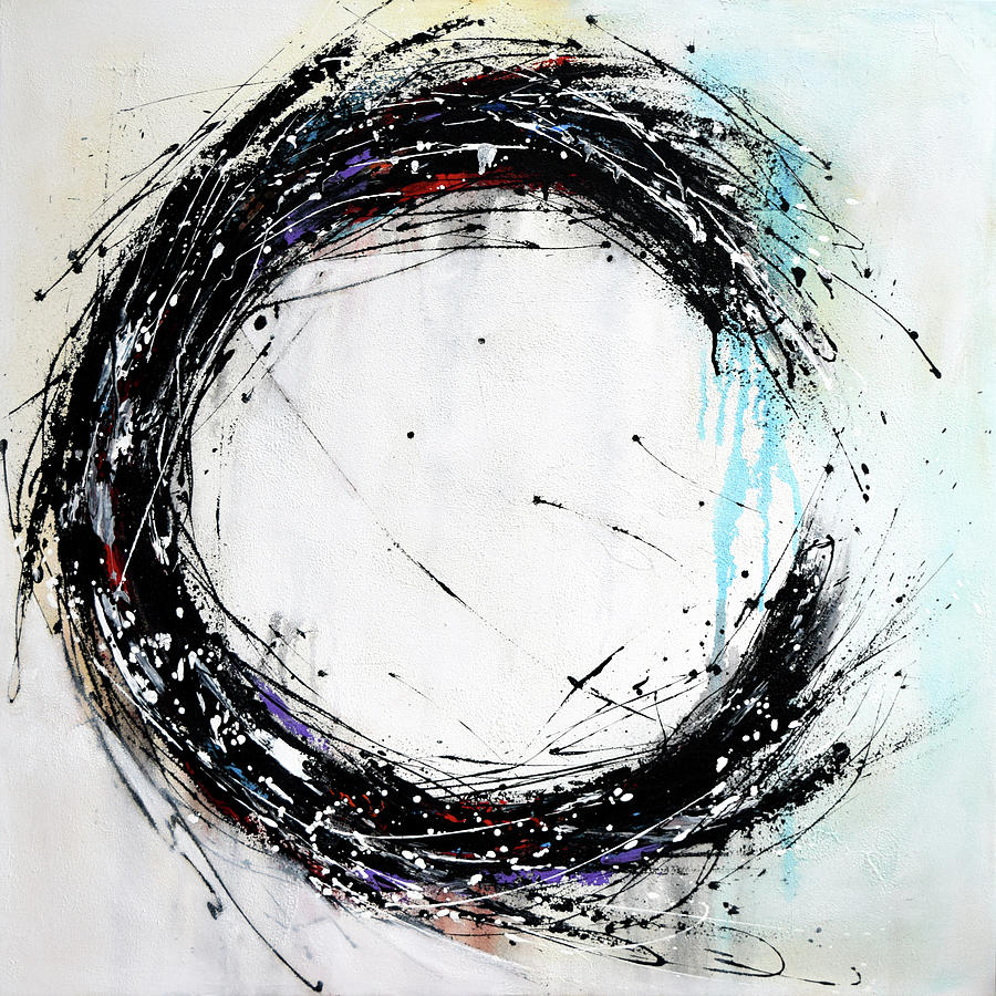900x900 Black And White Circle Painting On Canvas, Hand Painted Minimalist - Black Circle Painting