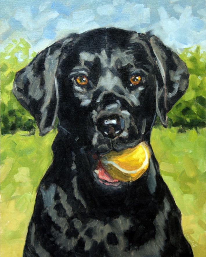 710x887 Dog Painting Giclee On Canvas Print 16x20 Play Ball On Handmade - Black Dog Painting