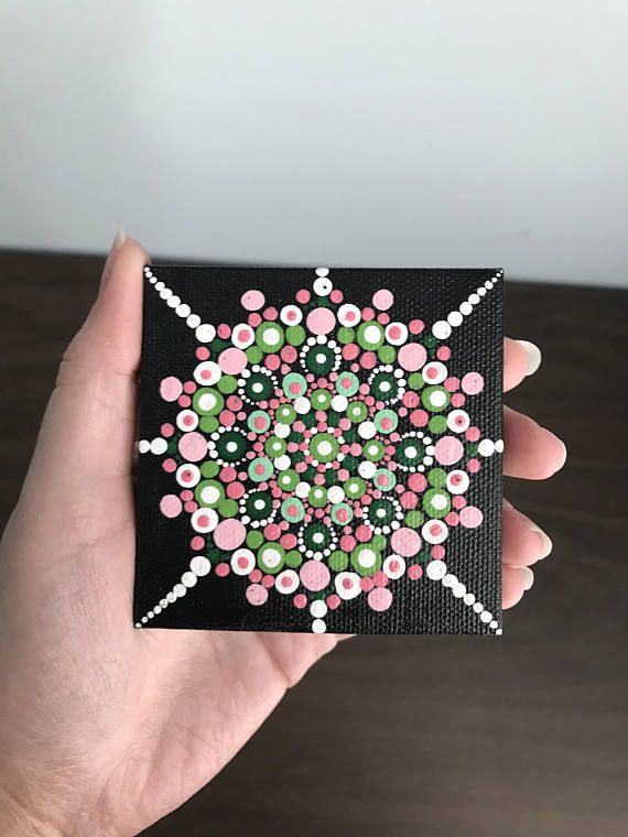 570x760 Small Pink And Green Dot Mandala Painting On Small Canvas - Black Dot Painting