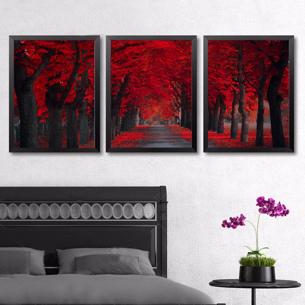 1000x1000 3 Panels Red Forest Landscape Canvas Painting Home Decor Canvas - Black Forest Painting