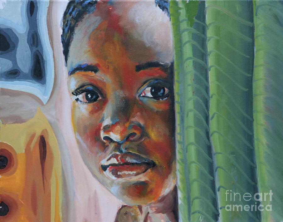 900x707 Girl Behind The Green Curtain Painting By Gary Williams - Black Girl Painting