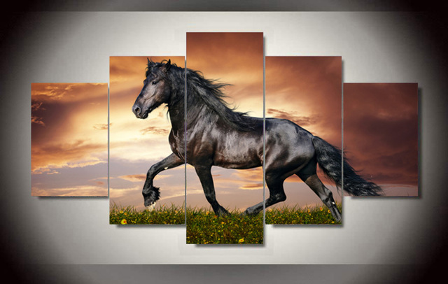 640x406 Original Oil Ink Print 5 Panels Canvas Print Black Horse Painting - Black Horse Painting