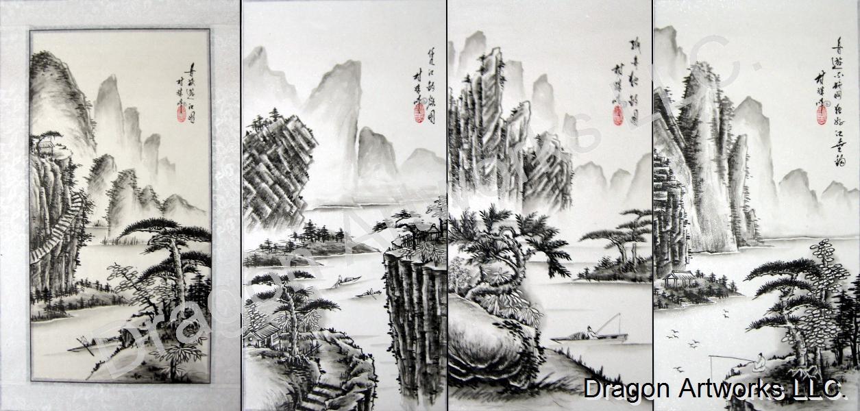 1255x600 Mountain Fisherman Black Ink Chinese Brush Painting Set - Black Ink Painting