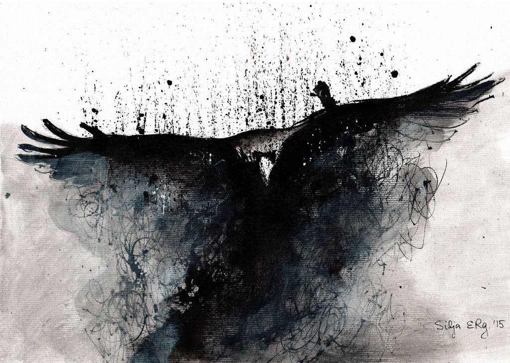 1024x730 Raven Rising From Dust (Ink Painting On Canvas) By - Black Ink Painting