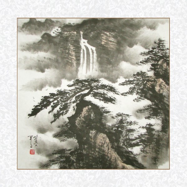 600x600 Yellow Mountains Waterfall Black Ink Landscape Painting - Black Ink Painting