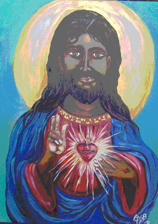 637x900 Black Jesus Sacred Heart Painting By Clara Spencer - Black Jesus Painting