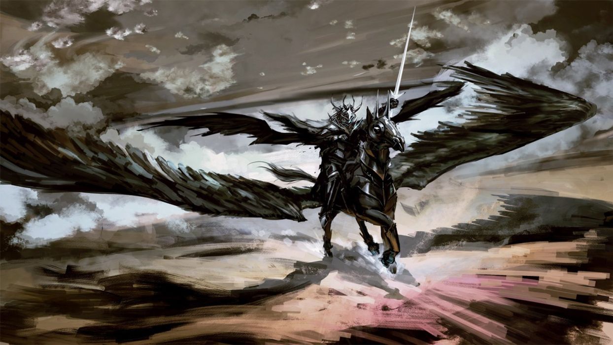 1244x700 Black Knight Color Pastel Painting Warrior Horse Sword Dark Wings - Black Knight Painting