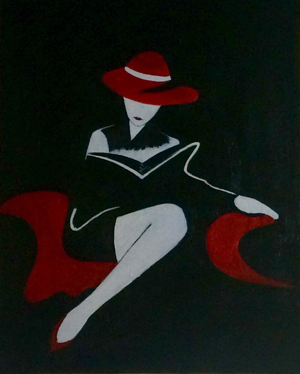 1026x1280 Buy Lady In Black And Red Reading Handmade Painting By Ajay Vatsa - Black Lady Painting